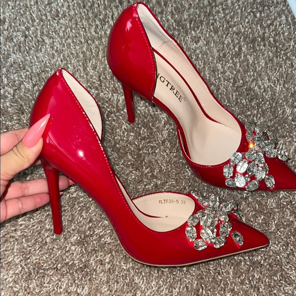 Glamorous Red Stiletto Heels with Crystal Embellishments